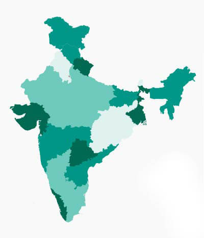 A map of India with differently colored states that represent the frequency of diseases appearing.